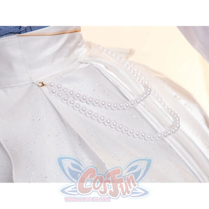 Denia cosplay costume centers white glossy satin skirt fabric with pearl-like accents-like accents waist chains.