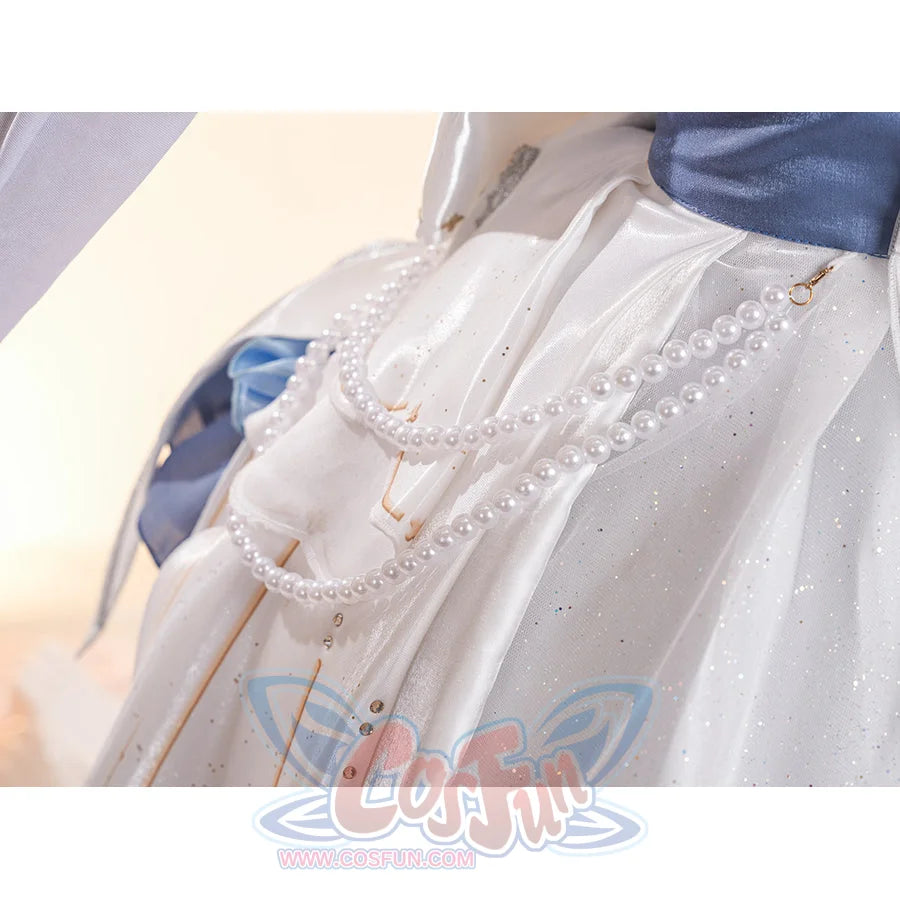 Denia cosplay costume centers pearl-like accents-like accents waist chains drape over glossy satin and glitter mesh fabric.