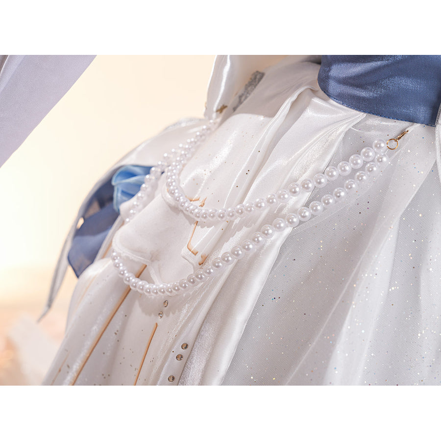 Denia cosplay costume centers pearl-like accents-like accents waist chains drape over glossy satin and glitter mesh fabric.