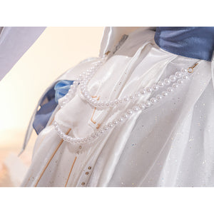 Denia cosplay costume centers pearl-like accents-like accents waist chains drape over glossy satin and glitter mesh fabric.