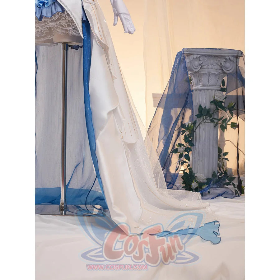 Denia cosplay costume frames the white glossy satin dress with a flowing glitter mesh train and refined white gloves.
