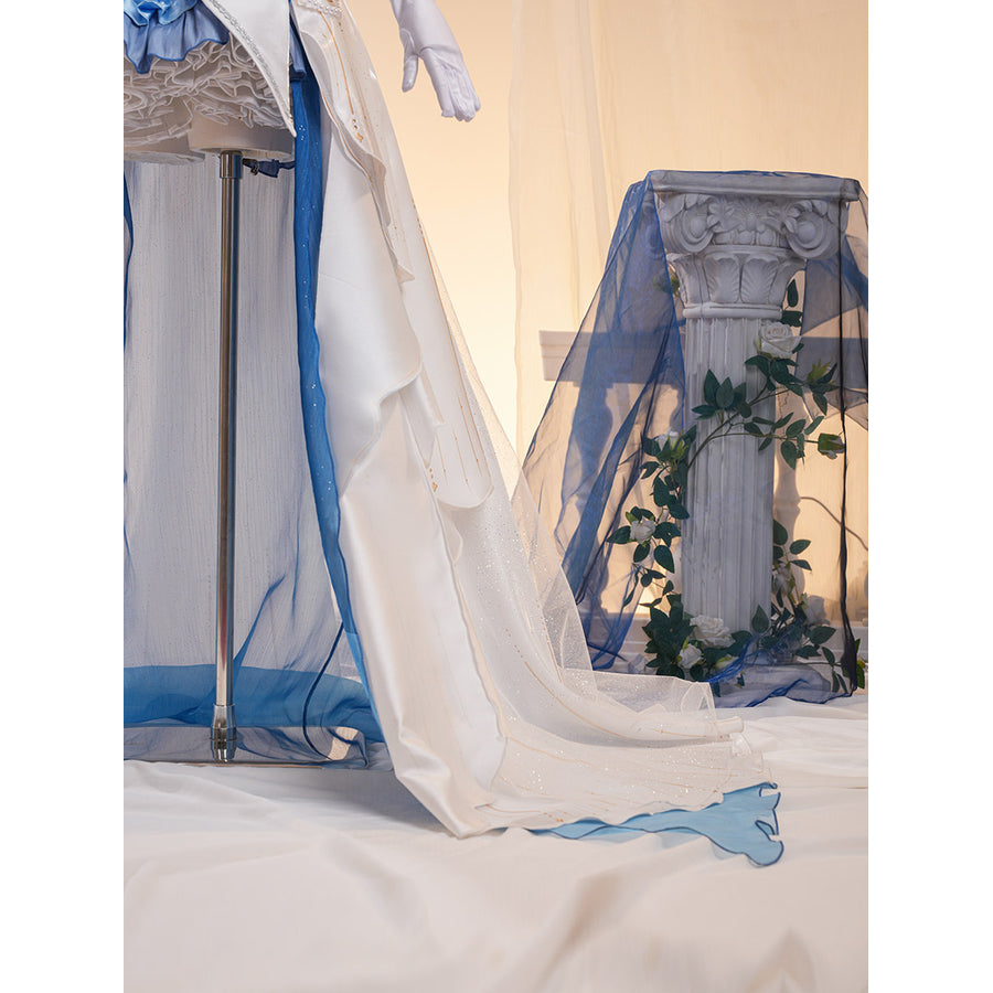 Denia cosplay costume frames the white glossy satin dress with a flowing glitter mesh train and refined white gloves.