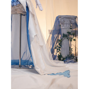 Denia cosplay costume frames the white glossy satin dress with a flowing glitter mesh train and refined white gloves.