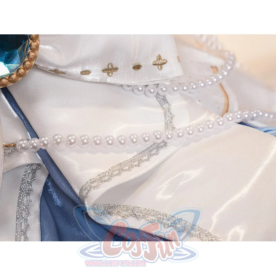Denia cosplay costume centers white glossy satin fabric with silver-tone lace trim pearl-like accents-like accents waist.