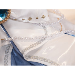 Denia cosplay costume centers white glossy satin fabric with silver-tone lace trim pearl-like accents-like accents waist.