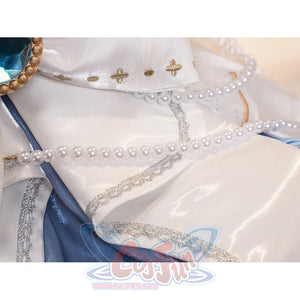 Denia cosplay costume centers white glossy satin fabric with silver-tone lace trim pearl-like accents-like accents waist.