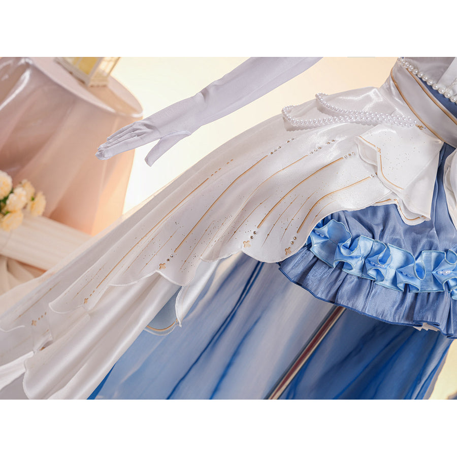 Denia cosplay costume centers white glossy satin skirt overlay with gold-tone accents and pearl-like accents-like accents.