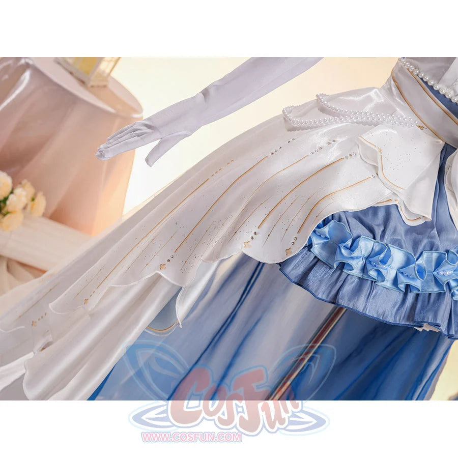 Denia cosplay costume centers white glossy satin skirt overlay with gold-tone accents and pearl-like accents-like accents.