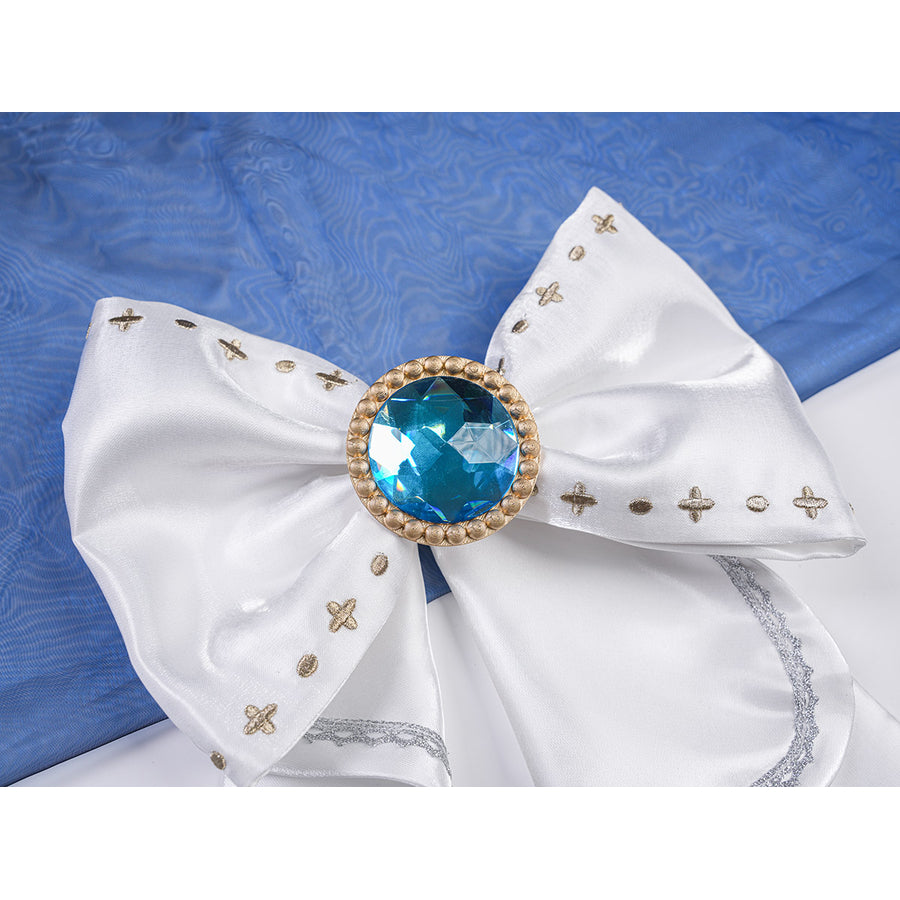 Denia cosplay costume centers white waist bow with gold-tone embroidery and a large central blue gemstone.