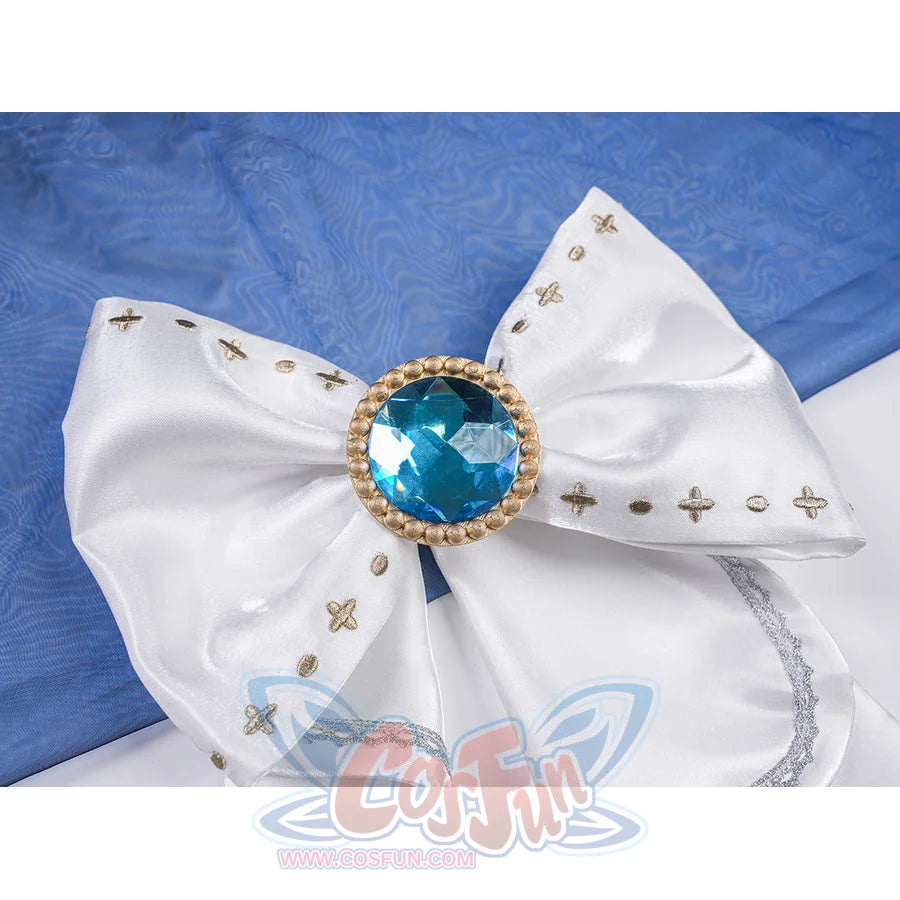 Denia cosplay costume centers white waist bow with gold-tone embroidery and a large central blue gemstone.