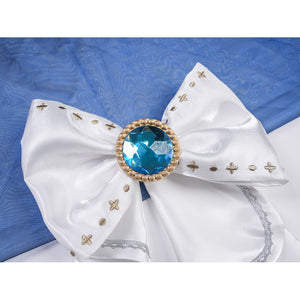 Denia cosplay costume centers white waist bow with gold-tone embroidery and a large central blue gemstone.