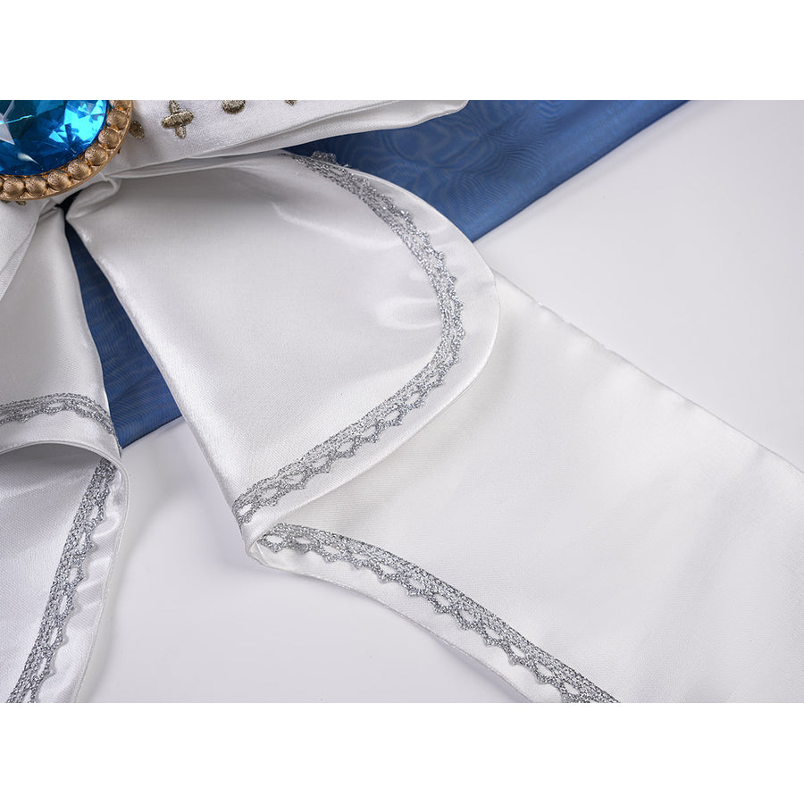 Denia cosplay costume centers white glossy satin waist bow with silver-tone lace trim and blue fabric accent.