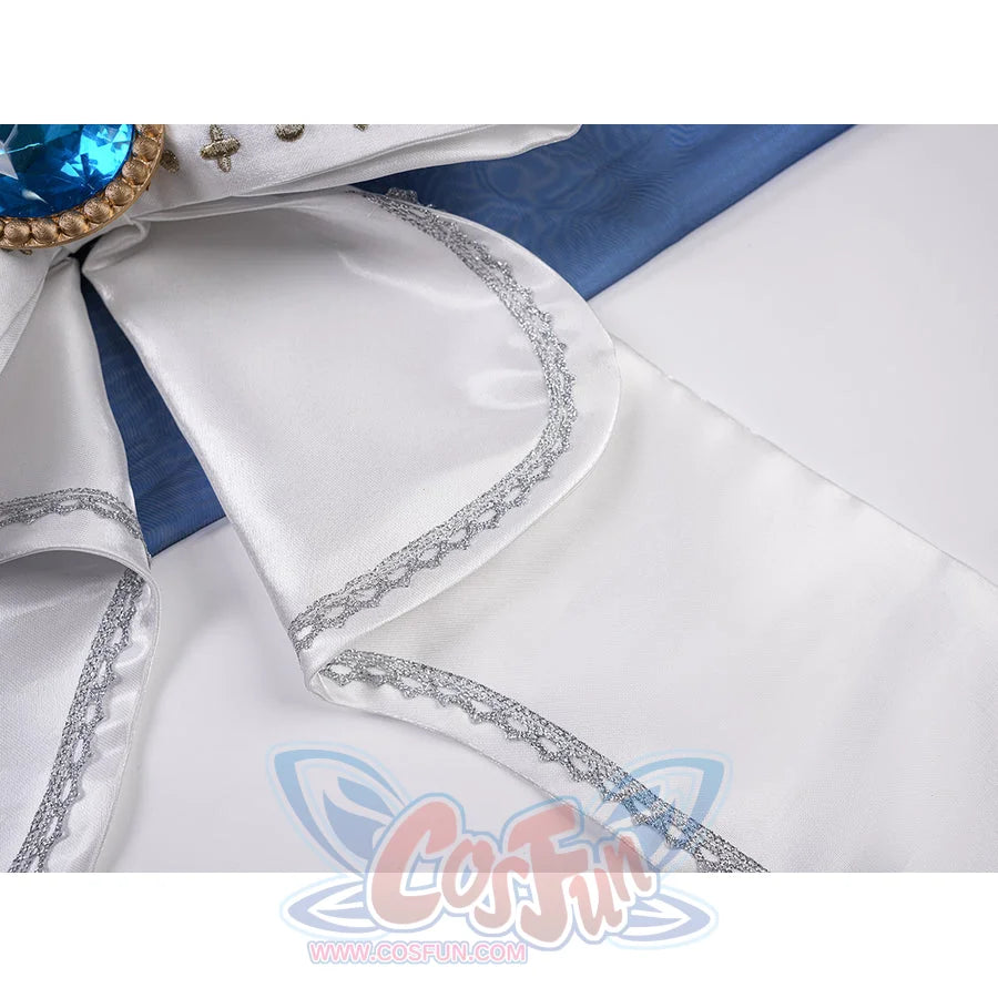 Denia cosplay costume centers white glossy satin waist bow with silver-tone lace trim and blue fabric accent.