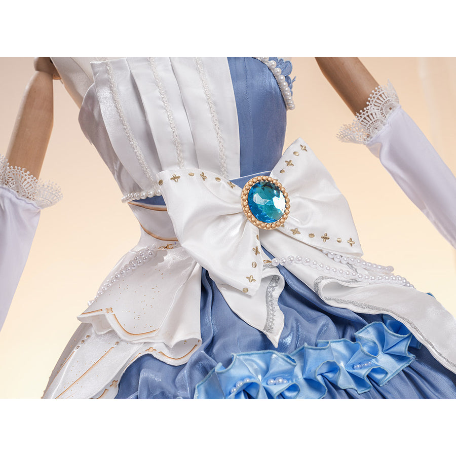 Denia cosplay costume centers blue and white dress with waist bow and gem-like accents-like accents.