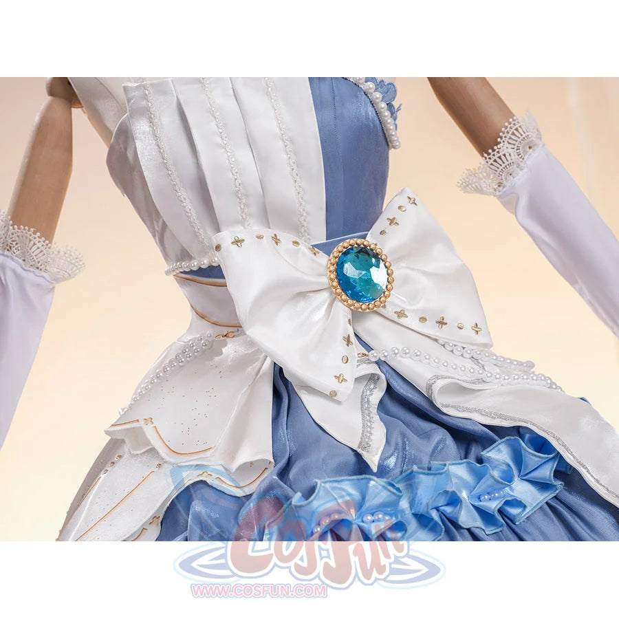 Denia cosplay costume centers blue and white dress with waist bow and gem-like accents-like accents.
