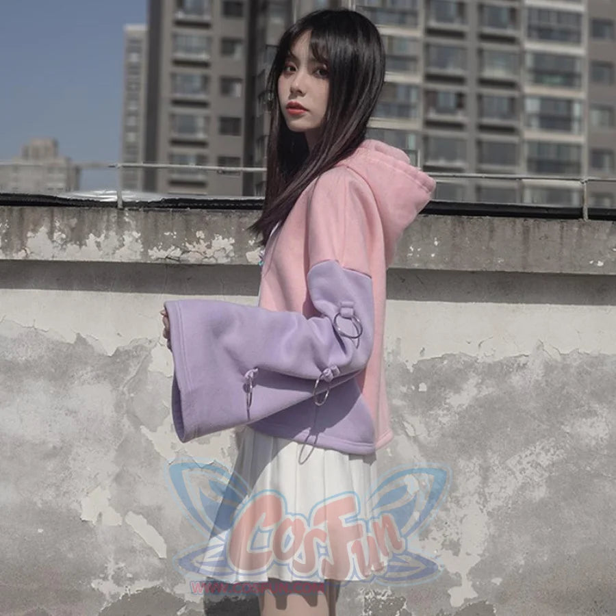 Devil Angel Love Heart Print Color Block Hoodie Pleated