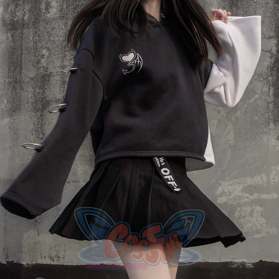 Devil Angel Love Heart Print Color Block Hoodie Pleated