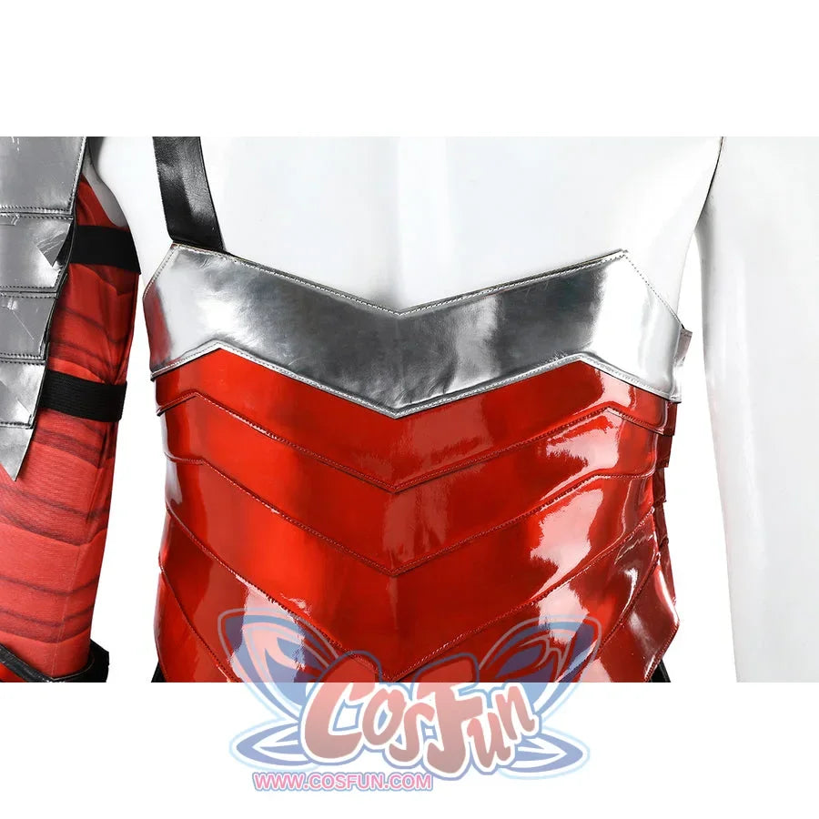 Diana Prince cosplay bodice close-up locks silver chest armor over glossy red waist panels