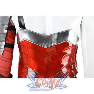 Diana Prince cosplay bodice close-up locks silver chest armor over glossy red waist panels