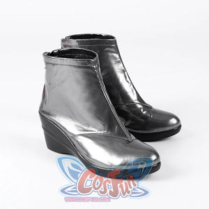 Diana Prince cosplay boots angled back view traces glossy black uppers down to rounded toes and short heels