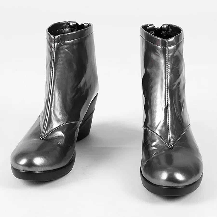 COSFUN Diana Prince cosplay boots front view shows black ankle boots with smooth PU leather shine