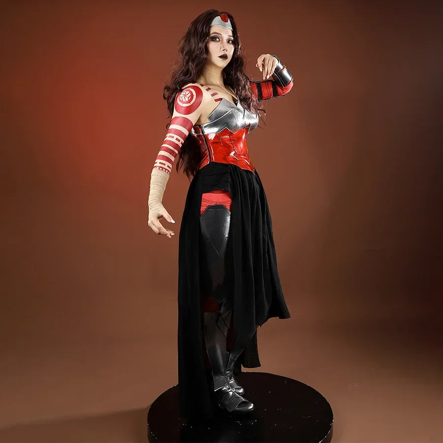 COSFUN Diana Prince cosplay costume front view layers silver armor over red wraps and a long black skirt