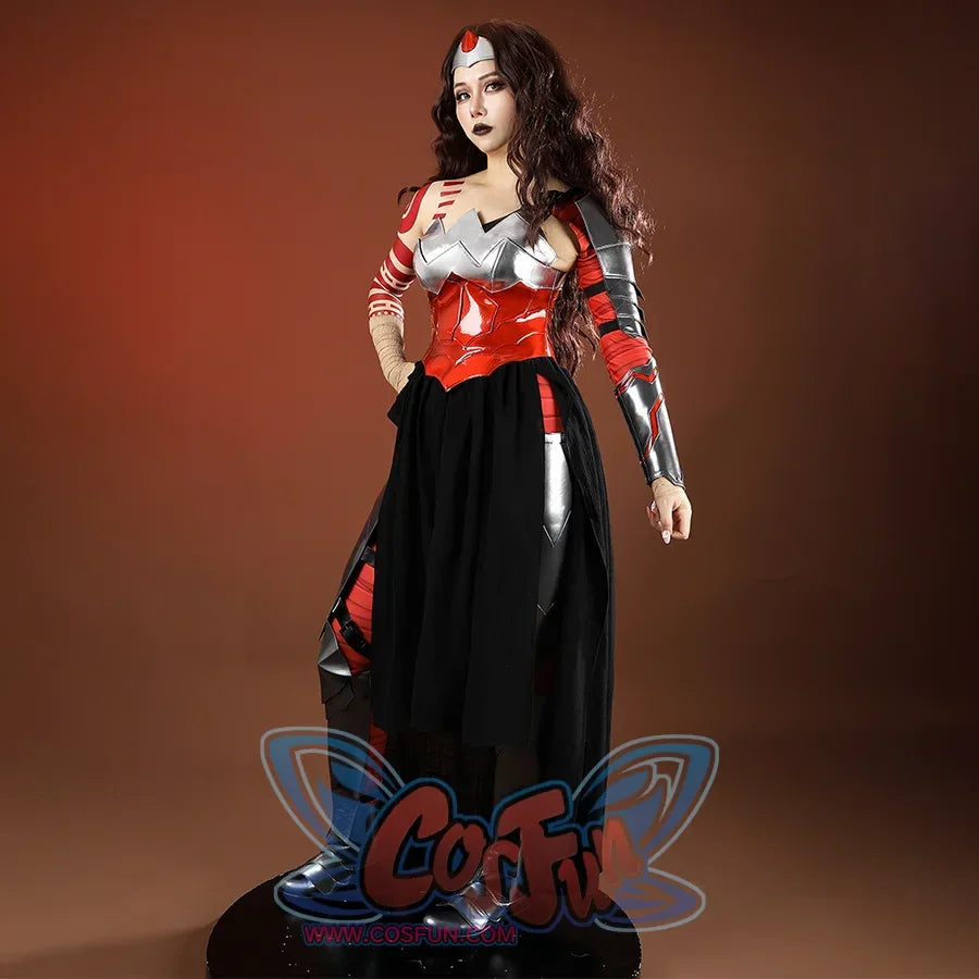 Diana Prince cosplay costume front view sets silver shoulder armor and a glossy red bodice above black boots