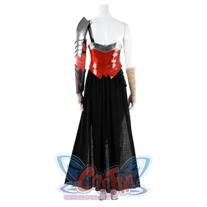 Diana Prince cosplay costume back angle sets silver shoulder armor above a straight black skirt panel