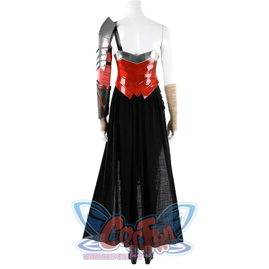 Diana Prince cosplay costume back view drops the sheer black skirt from silver armor down to black boots