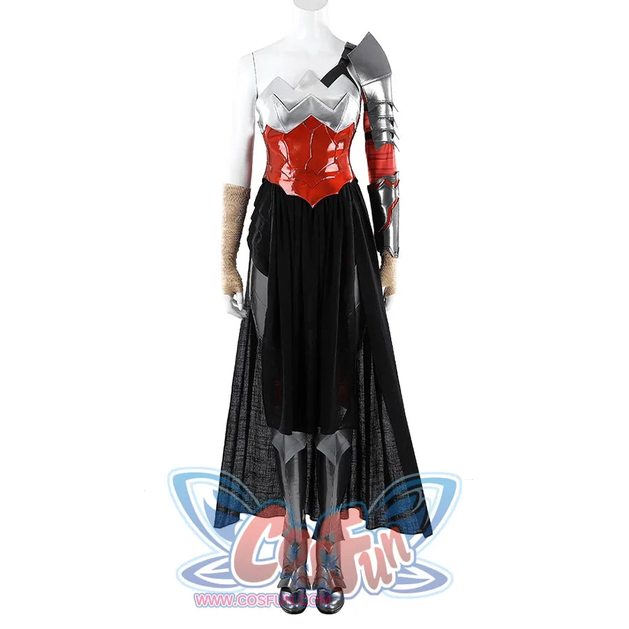 Diana Prince cosplay costume full front view sets the red bodice and sheer black skirt above matching cosplay boots