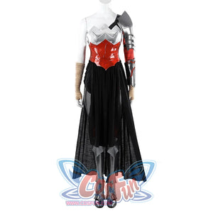 Diana Prince cosplay costume full front view sets the red bodice and sheer black skirt above matching cosplay boots