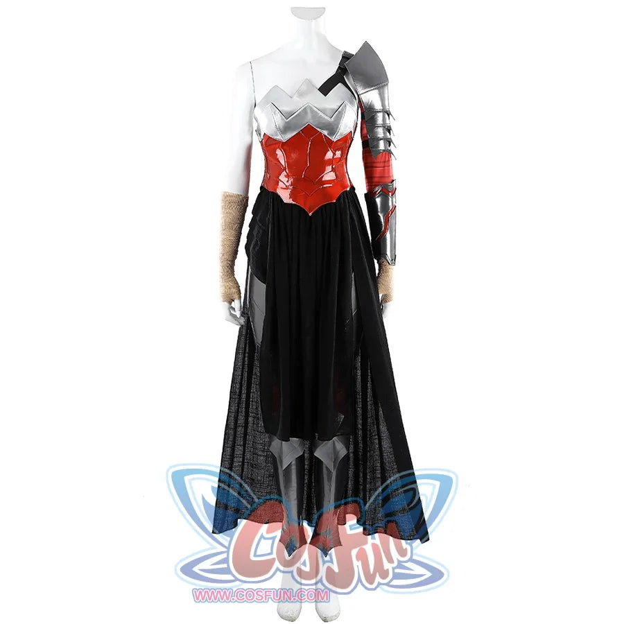 Diana Prince cosplay costume front view lets the sheer black skirt layers flow below a red bodice