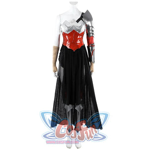 Diana Prince cosplay costume front view lets the sheer black skirt layers flow below a red bodice