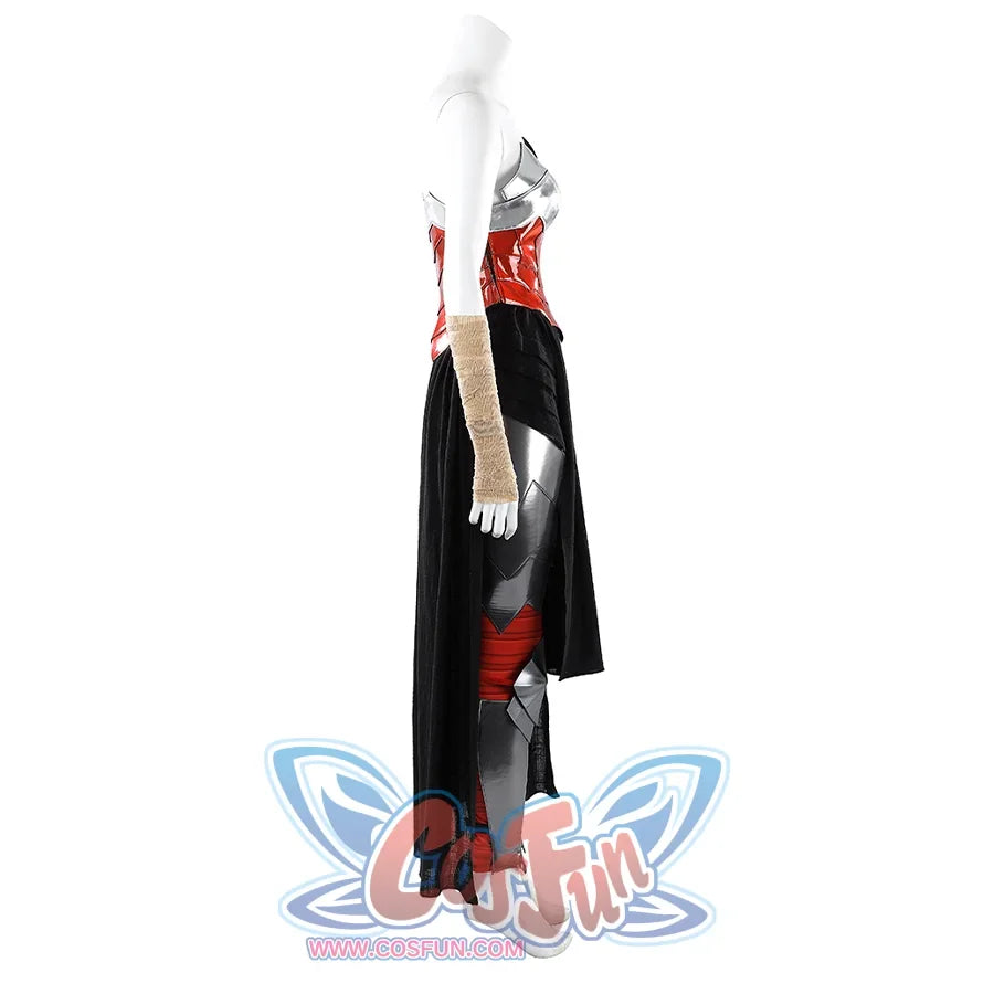 Diana Prince cosplay costume side profile lets the black overskirt fall behind red side panels