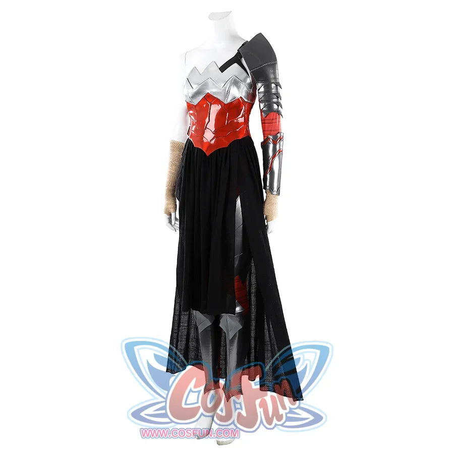 Diana Prince cosplay costume angled view pulls black skirt layers across the red armor bodice