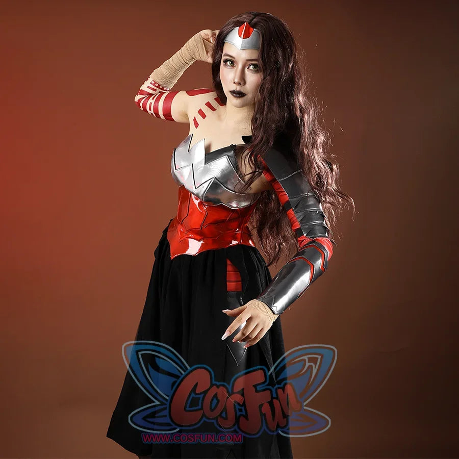 Diana Prince cosplay costume upper view frames the silver headpiece above red wraps and arm armor