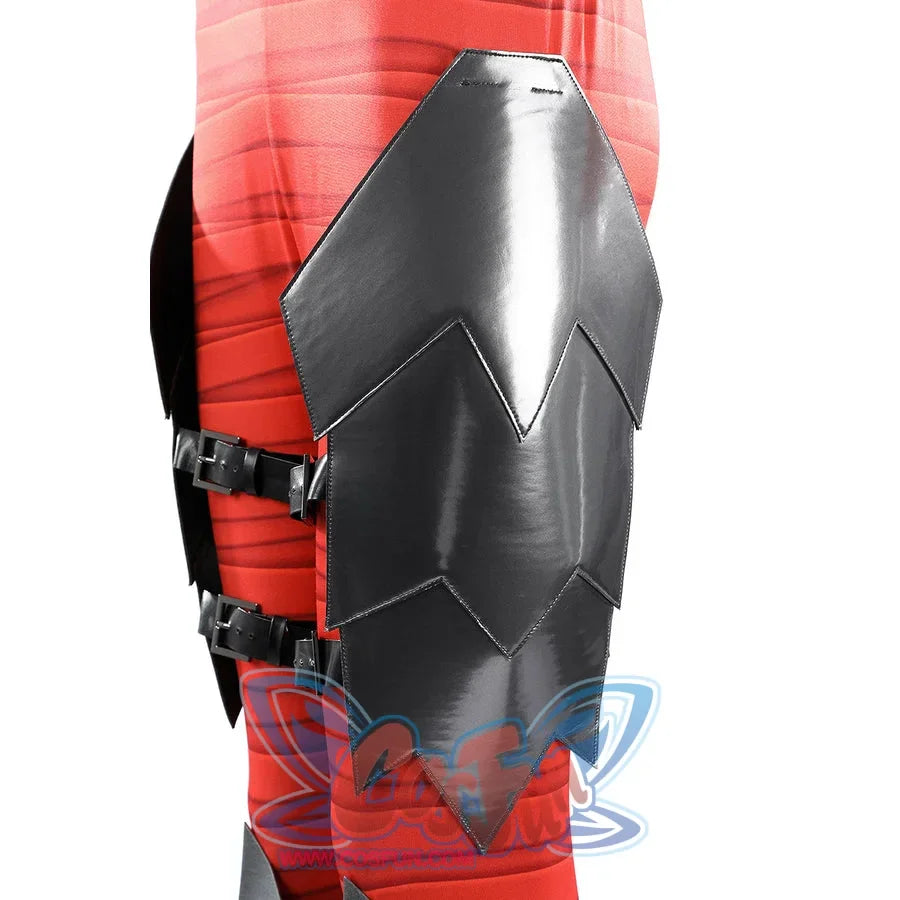 Diana Prince cosplay leg armor side detail places dark silver plates against red pants and black straps