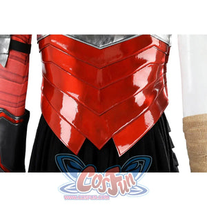 Diana Prince cosplay red bodice detail follows sculpted glossy panels into pointed waist edges