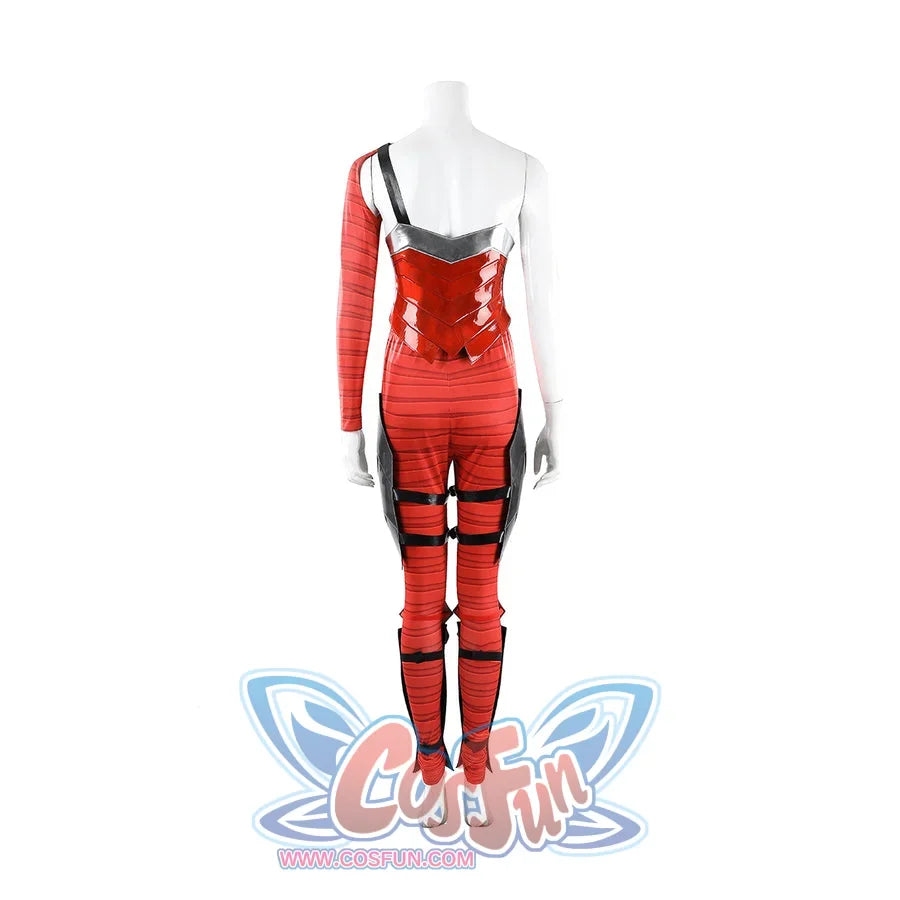 Diana Prince cosplay pants back view traces black straps crossing over red leg panels