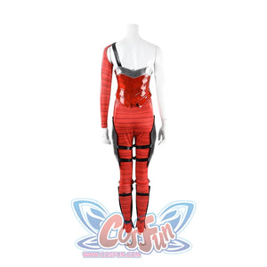 Diana Prince cosplay pants back view traces black straps crossing over red leg panels