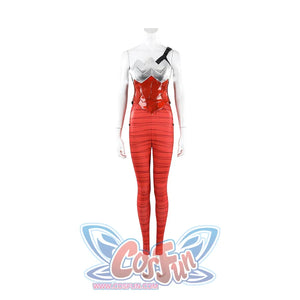 Diana Prince cosplay pants front view pairs red fitted legs with the red bodice and silver chest piece