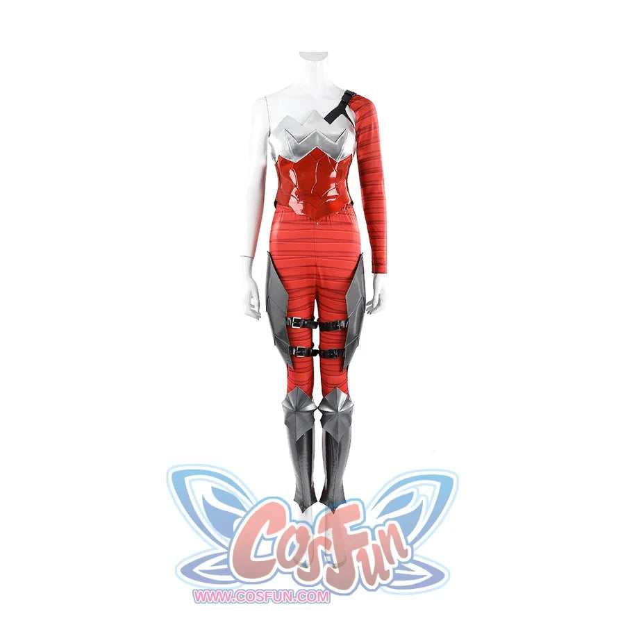 Diana Prince cosplay pants front view sets red leg panels beneath black shin armor and silver knee plates