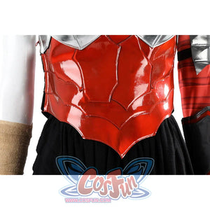 Diana Prince cosplay red waist armor detail points glossy panels down over the black skirt