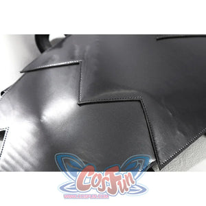 Diana Prince cosplay shoulder armor close-up frames a curved silver plate with sharp stepped edges