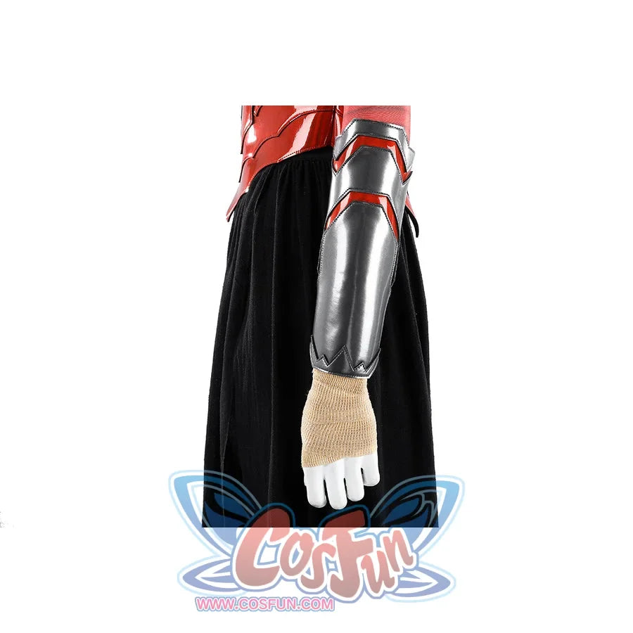 Diana Prince cosplay sleeve detail runs red wrap bands between silver forearm armor and wrist guard