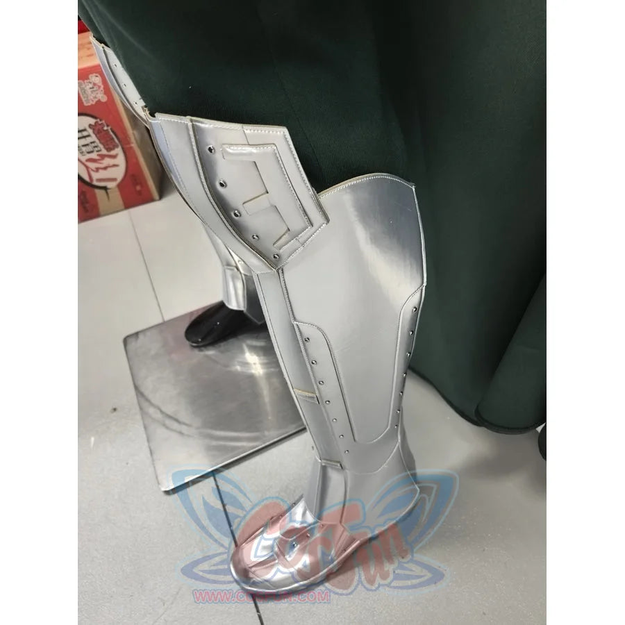 Doctor Doom cosplay shoes pair reflective silver-tone faux leather panels with vertical rivets that contour the lower leg.