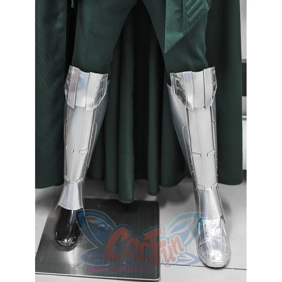 COSFUN Doctor Doom cosplay shoes anchor the lower leg in structural matte silver-tone faux leather panels with buckles.