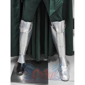 Doctor Doom cosplay shoes curve around the shins with layered metallic plates finished in a matte faux leather texture.