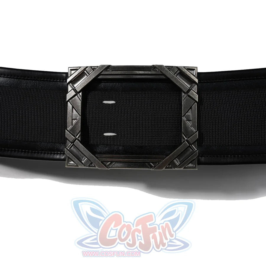Doctor Doom cosplay belt flat lay with a wide black band and angular silver-tone buckle.