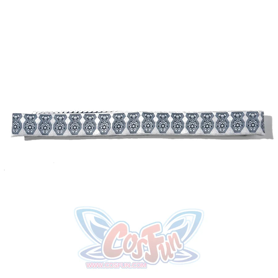 Doctor Doom cosplay arm band flat lay with a repeating silver-gray motif.